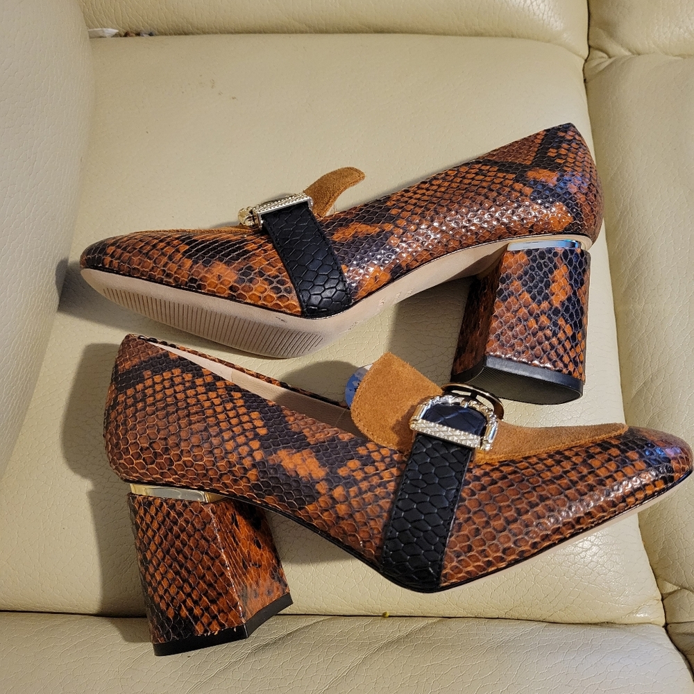 ANTONIO MELANI Snake Print Moccasins with Gold Buckle